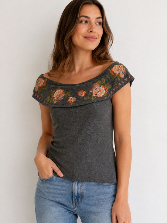 THML Tops - THML Embroidered Floral Off Shoulder Knit Top Gray Small
